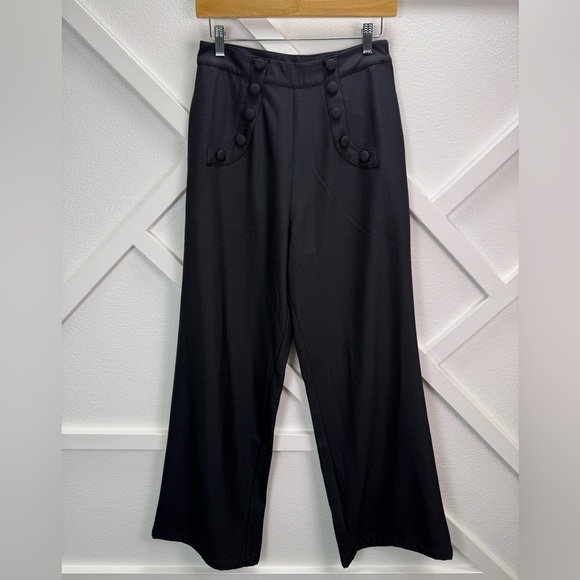 Banned Apparel 1960 Black High Waist Crepe Full Moon Sailor Wide Leg Pants Small - Picture 3 of 12